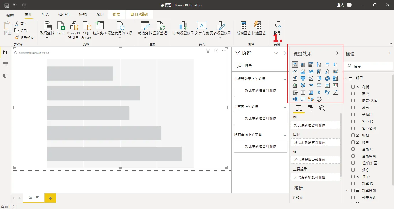 Power BI Desktop 畫面,紅框標出右側「視覺效果」面板,操作第一步是先挑一個圖形樣板,畫布上還是灰色的空白橫條圖