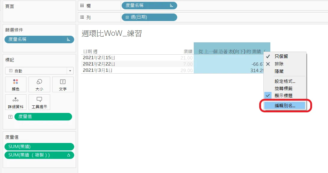Tableau 欄位標題的右鍵選單,紅框標出「編輯別名…」,該欄目前叫「從上一個沿著表(向下)的業績」