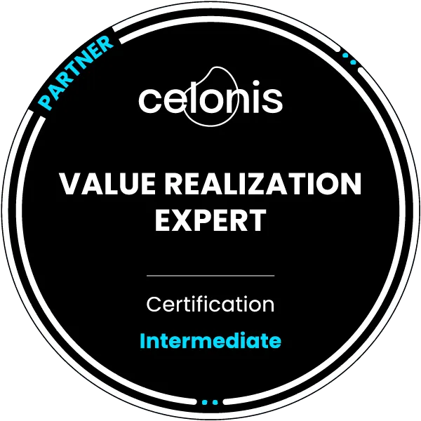 Celonis Value Realization Expert 認證徽章，等級 Intermediate，標註 Partner
