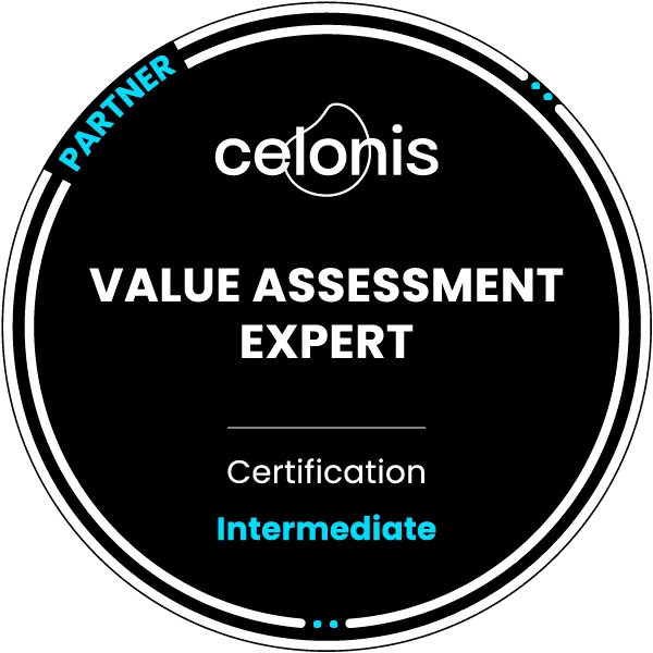 Celonis Value Assessment Expert 認證徽章，等級 Intermediate，標註 Partner