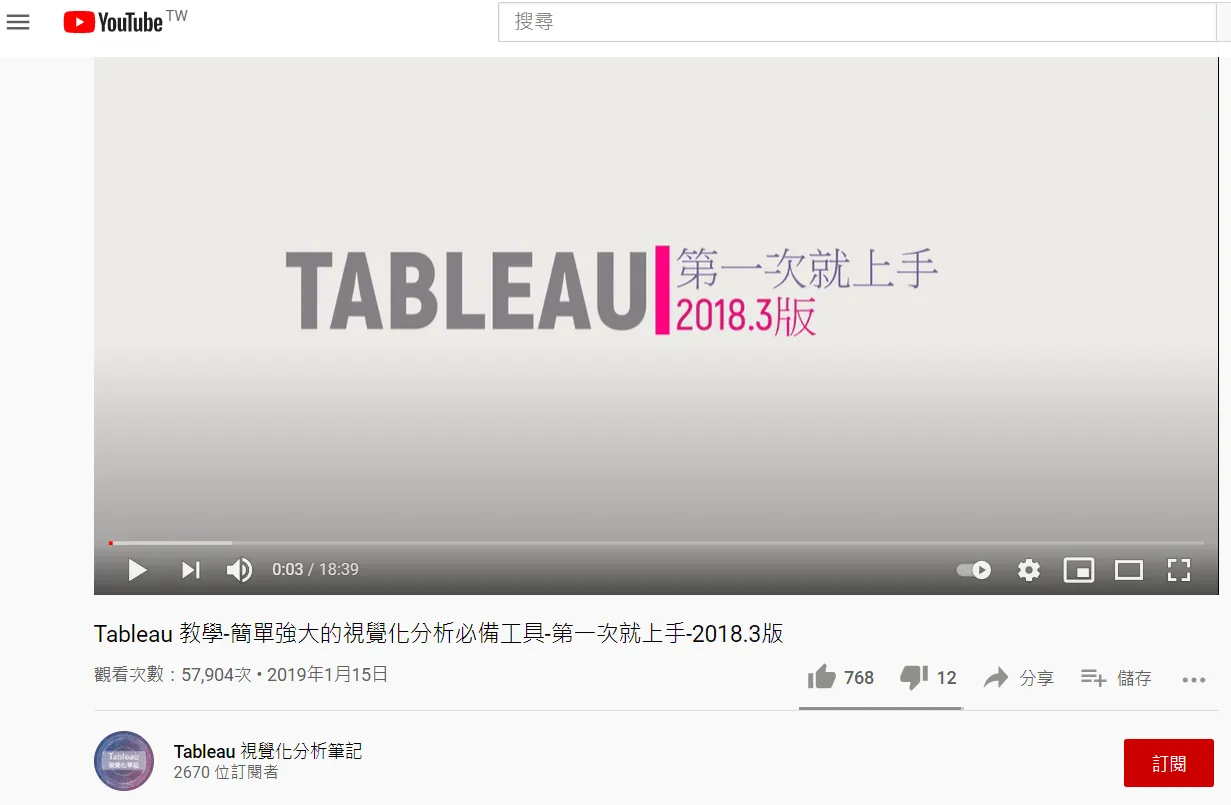 YouTube 影片截圖:「Tableau 教學-簡單強大的視覺化分析必備工具-第一次就上手-2018.3版」,觀看次數 57,904 次,頻道是 Tableau 視覺化分析筆記