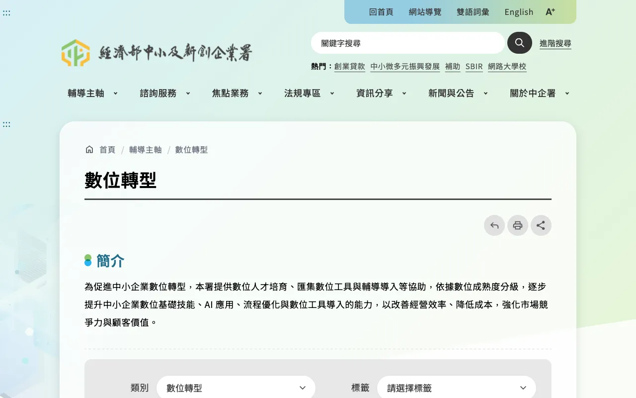 經濟部中小及新創企業署數位轉型輔導頁面,簡介說明依數位成熟度分級提供人才培育、工具與輔導導入