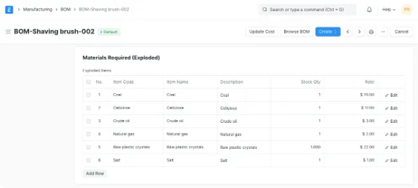 ERPNext 物料清單的展開用料畫面,把多階 BOM 攤平成一張表,列出每個料的料號、品名、數量與單價