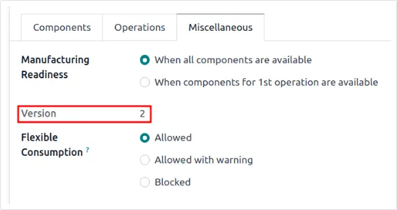 Odoo 物料清單其他分頁放大畫面,版本欄位顯示 2,表示這張 BOM 已經改過一版