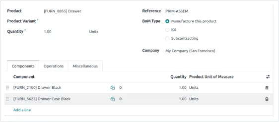 Odoo 物料清單表單畫面:表頭是產品、數量與 BOM 類型,零組件分頁一列一個料,每列有數量與單位