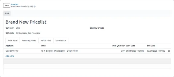 Odoo 銷售模組的價目表表單，價格規則一列寫著適用範圍、折扣方式、最低數量與起訖日期