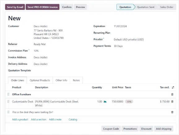 Odoo 銷售模組的新報價單表單，右上狀態列依序是報價單、已送出報價與銷售訂單，表單上有客戶、到期日、價目表、付款條件與產品明細