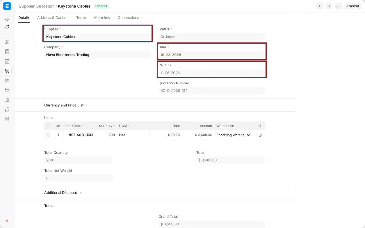ERPNext 的供應商報價單畫面，紅框標出供應商、報價日期與有效期限三個欄位，下方品項表列出料號、數量、單位、單價與金額